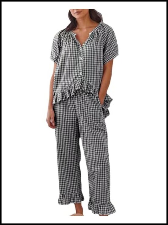 Other - Cotton Gingham 2 Piece Pajama Set Babydoll and Pants Soft Plaid Pjs Sleepwear